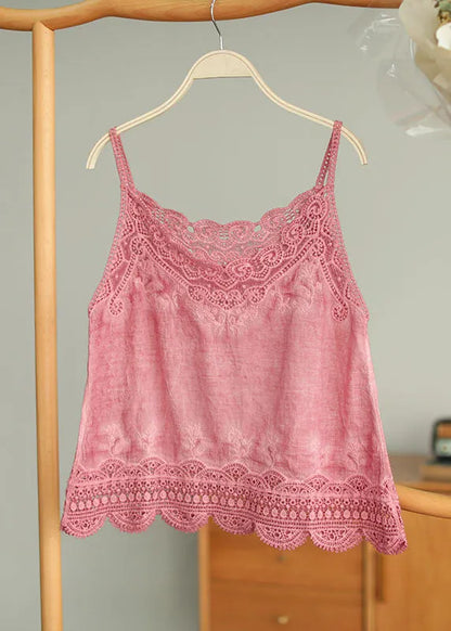 Pink Original Design Embroidered Cotton Spaghetti Strap Tops Summer