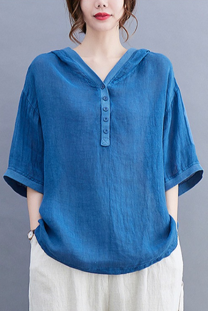 Summer Hooded Short Sleeve T-shirt Loose Cotton Linen Tops