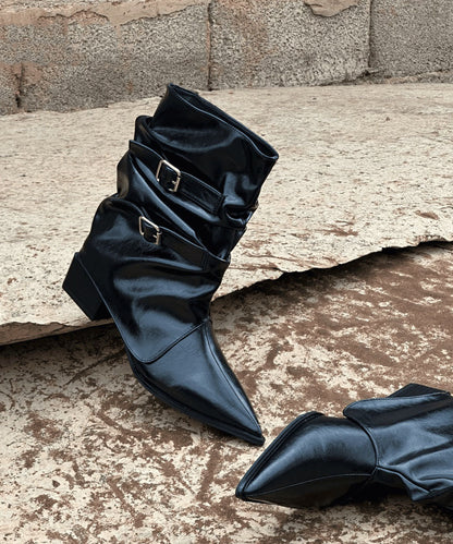 Splicing Chunky Boots Black Faux Leather Pointed Toe