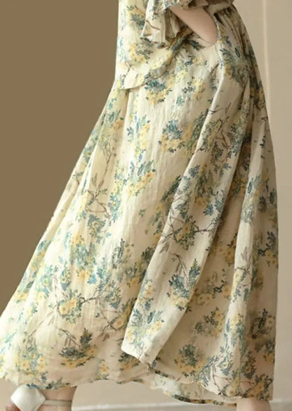 Yellow Wrinkled Pockets Print Patchwork Linen Skirt Summer