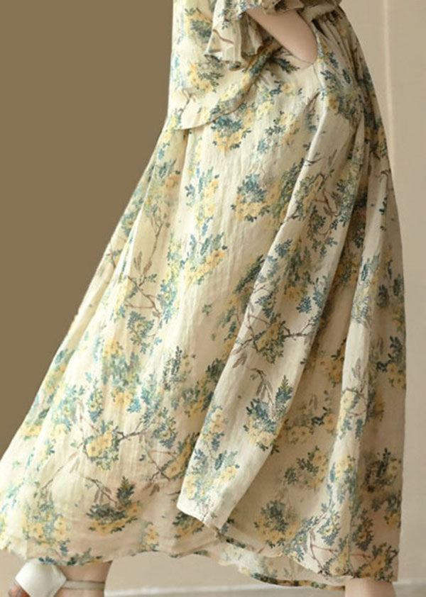 Yellow Wrinkled Pockets Print Patchwork Linen Skirt Summer