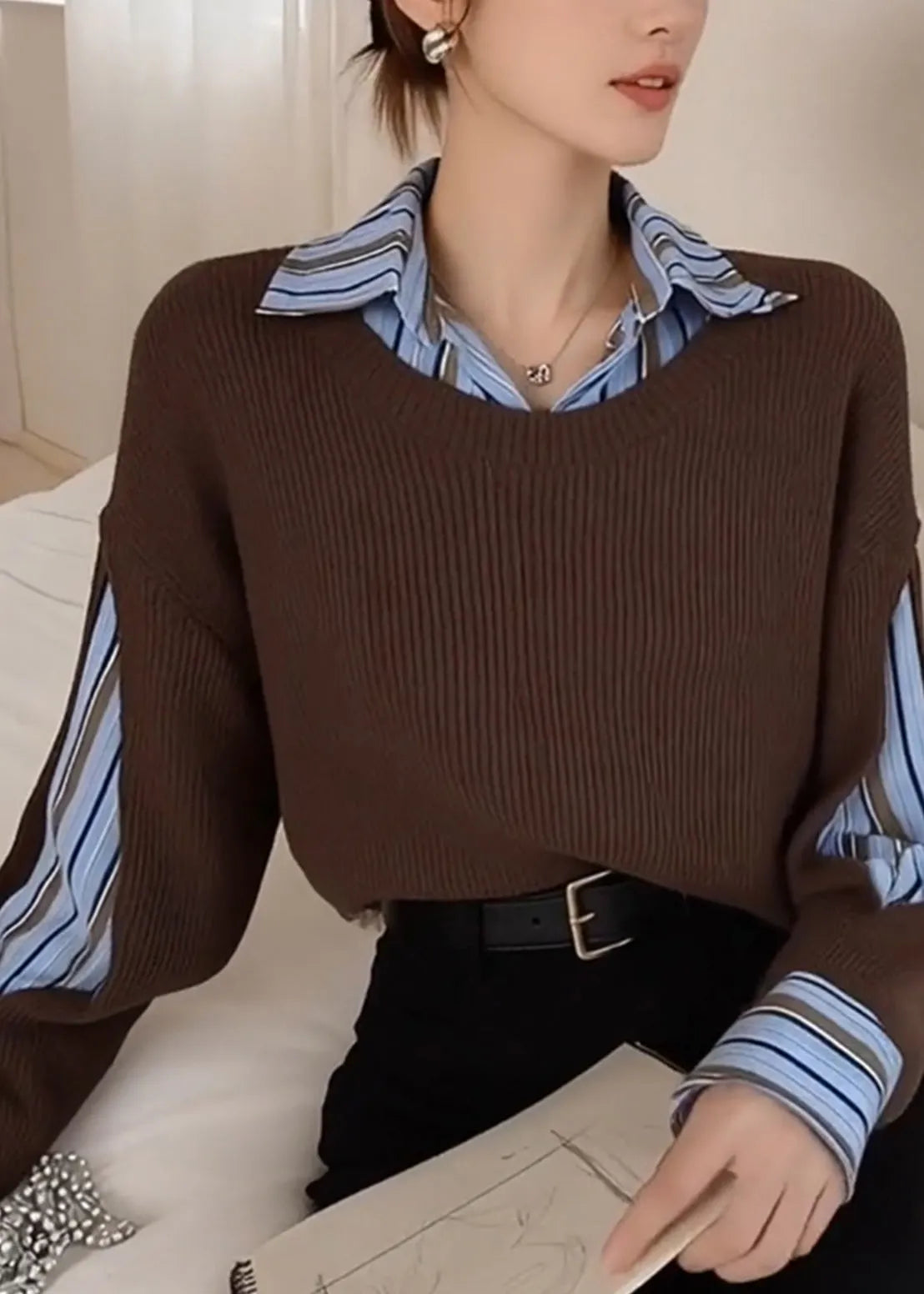 Style Brown Peter Pan Collar Patchwork Knit Fake Two Piece Shirts Winter