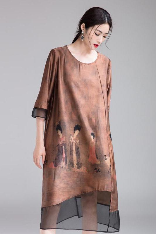 Coffee Quilted Loose Dresses