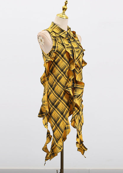 Style Yellow Asymmetrical Ruffled Plaid Cotton Blouse Top Sleeveless