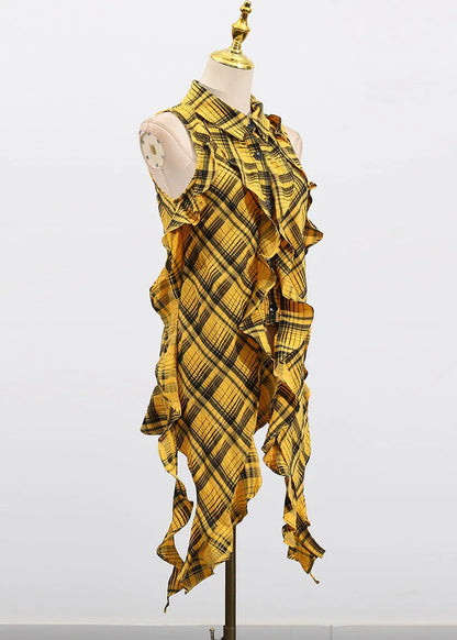 Style Yellow Asymmetrical Ruffled Plaid Cotton Blouse Top Sleeveless