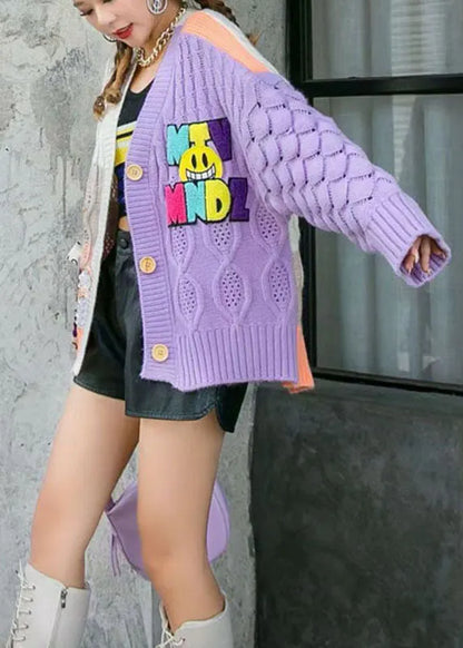 Purple Loose Patchwork Fall Coat Sweater