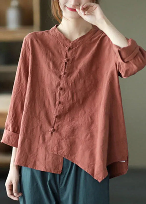 Brick Red Asymmetrical Design Patchwork Button Fall Blouses
