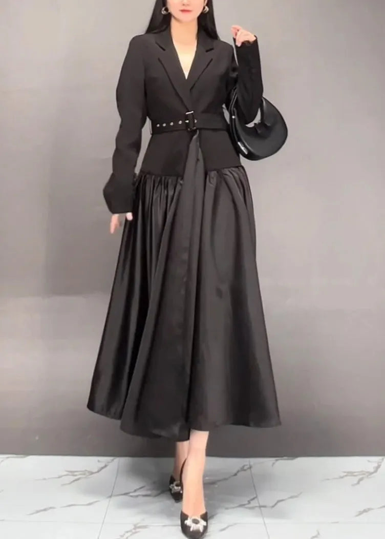 Khaki Notched Patchwork Sashes Long Trench Coats Fall