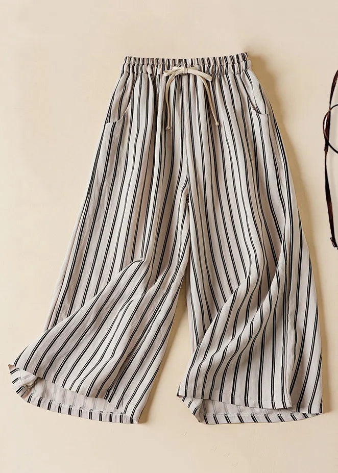 Loose Black Striped Pockets Elastic Waist Cotton Crop Pants Summer
