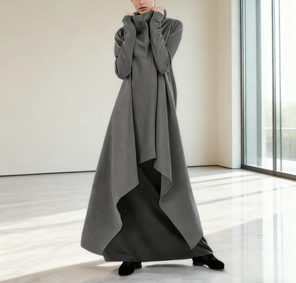 Style Grey Hign Neck Asymmetrical Design Cotton Dress Spring