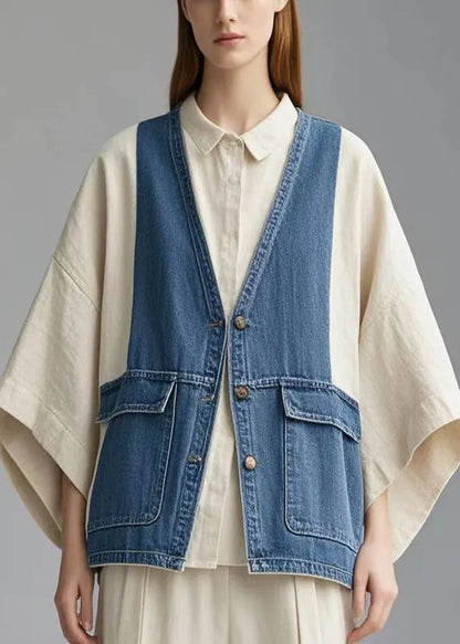Art Colorblock Patchwork Denim Coat Oversized Fall