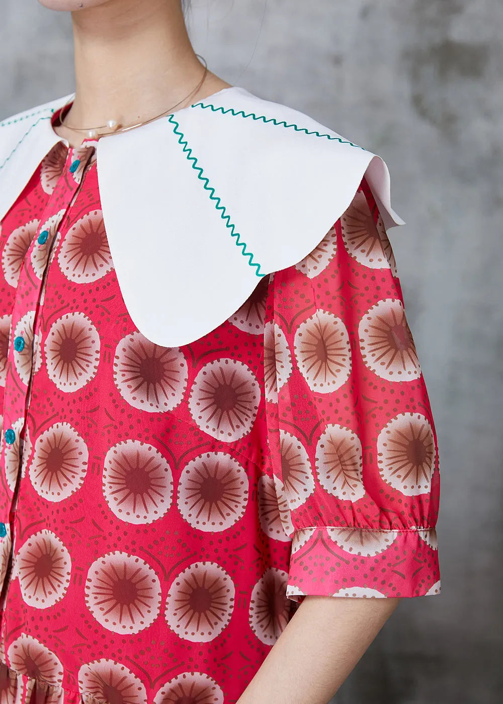 Red Peter Pan Collar Print Chiffon Dress Summer