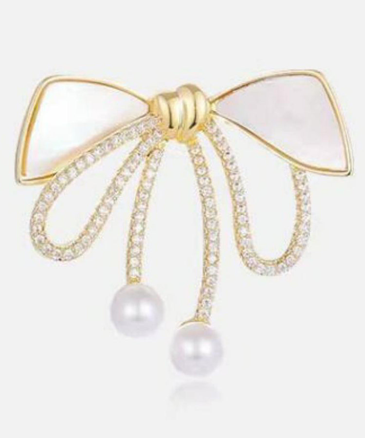 Gold Sterling Silver Alloy Zircon Bow Pearl Brooches