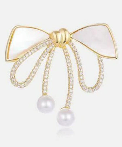 Gold Sterling Silver Alloy Zircon Bow Pearl Brooches