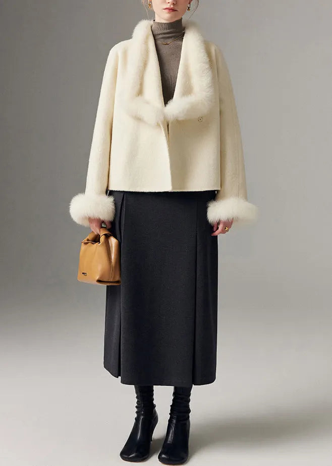 White Peter Pan Collar Patchwork Fox Fur Wool Cardigan Winter