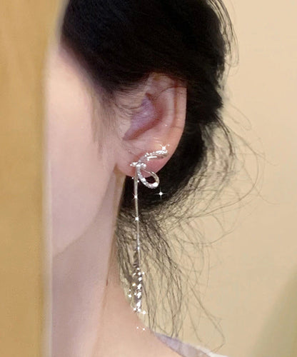 Stylish Sterling Silver Bow Tassel Drop Earrings