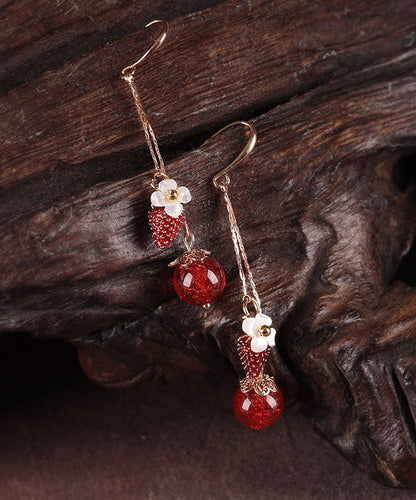 Red Copper Cloisonne Cloured Glaze Strawberry Shell Flower Drop Earrings