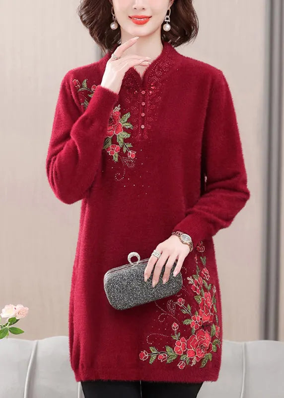 Red Cozy Mink Velvet Sweaters Embroidered Spring