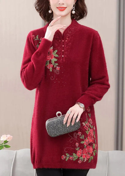 Red Cozy Mink Velvet Sweaters Embroidered Spring