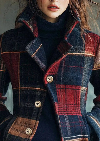 Stand Collar Pockets Button Plaid Woolen Coats Fall