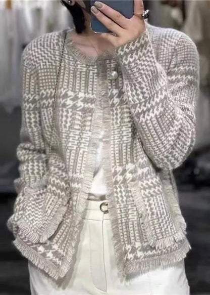 French Light Camel O-neck Tassel Woolen Cardigan Fall