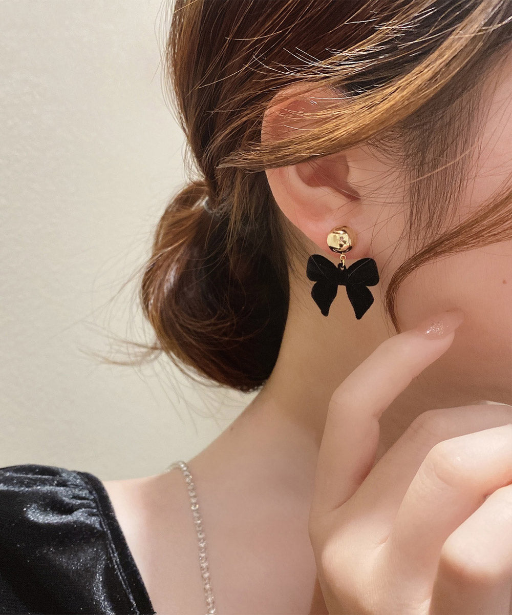 Black 14k Gold Flocking Bow Drop Earrings