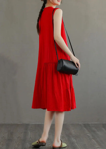 Stylish Red O-neck Patchwork Cotton Party Dress Sleeveless