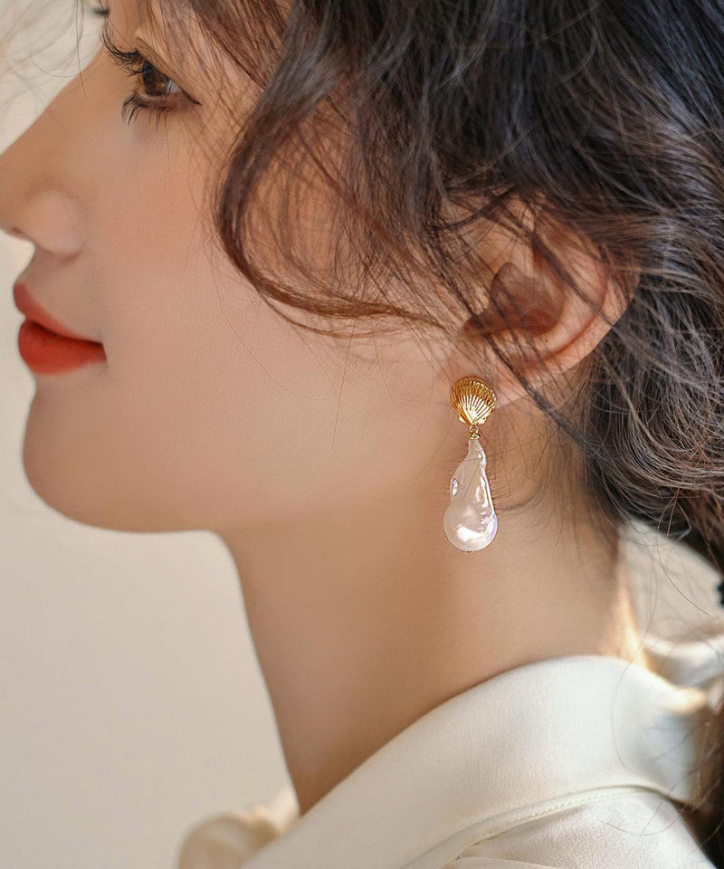 White Copper Alloy Pearl Fish Tail Drop Earrings
