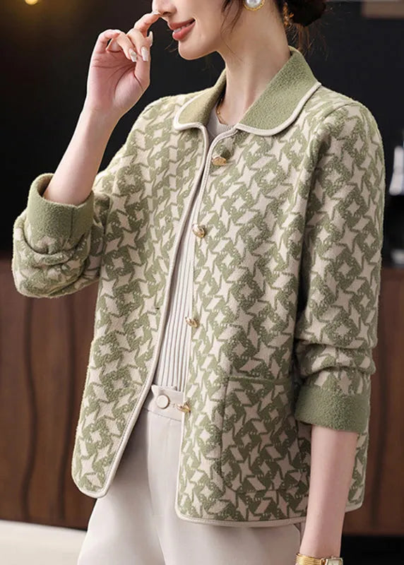 French Green Button Pockets Knit Coats Fall