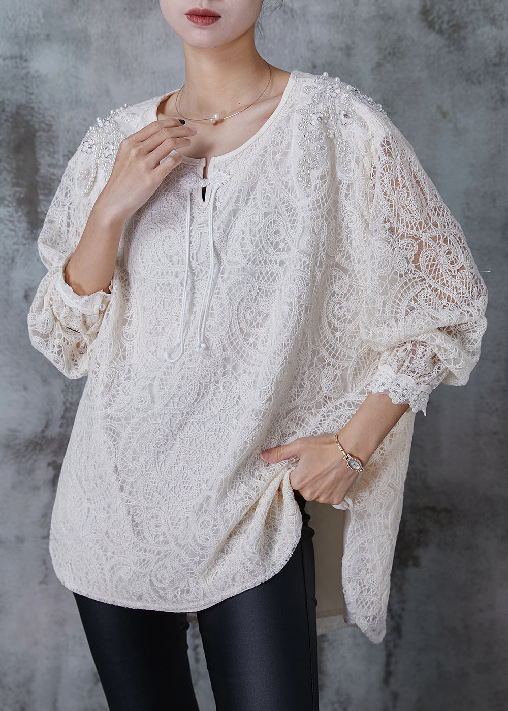 White Nail Bead Chinese Button Lace Top Summer