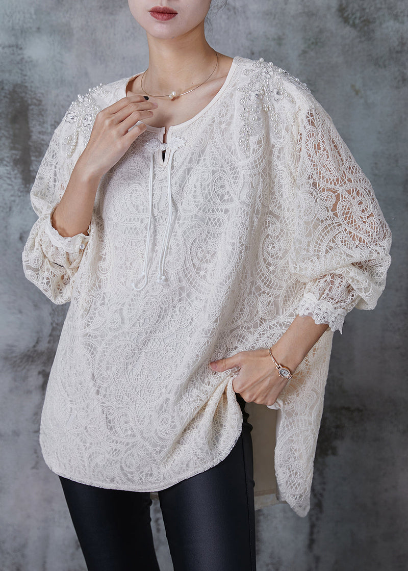 White Nail Bead Chinese Button Lace Top Summer