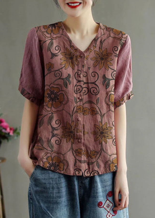 Loose Red-neckline Flowers V Neck Embroidered Summer Linen Shirt