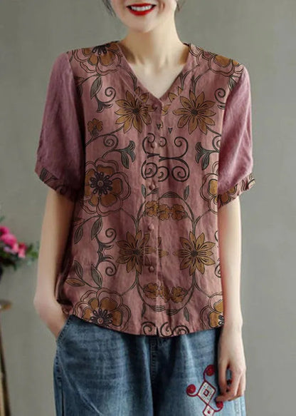 Loose Pink-flower V Neck Embroidered Summer Linen Shirt