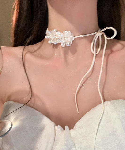 White Leather Bow Tie Lace Pendant Necklace