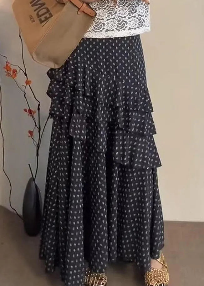 Stylish Black Dot Ruffled Chiffon Skirts Summer