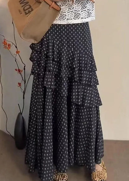 Stylish Black Dot Ruffled Chiffon Skirts Summer