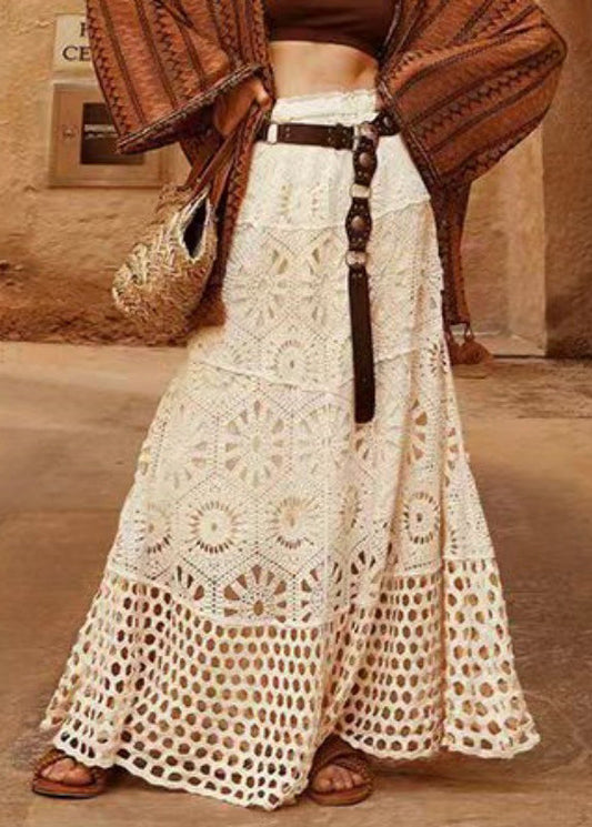 Original Design Beige Elastic Waist Lace Patchwork a Line Skirt