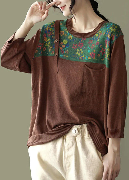 Loose Chocolate O-neck Button Patchwork Print Knit Tops Long Sleeve