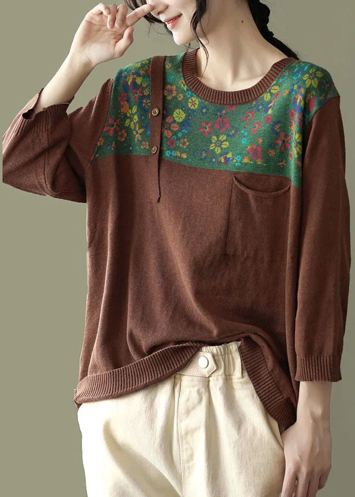 Loose Chocolate O-neck Button Patchwork Print Knit Tops Long Sleeve