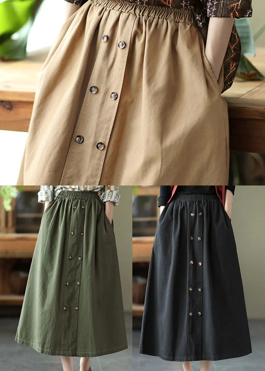 Natural Khaki Double Breast Cotton a Line Skirts Spring