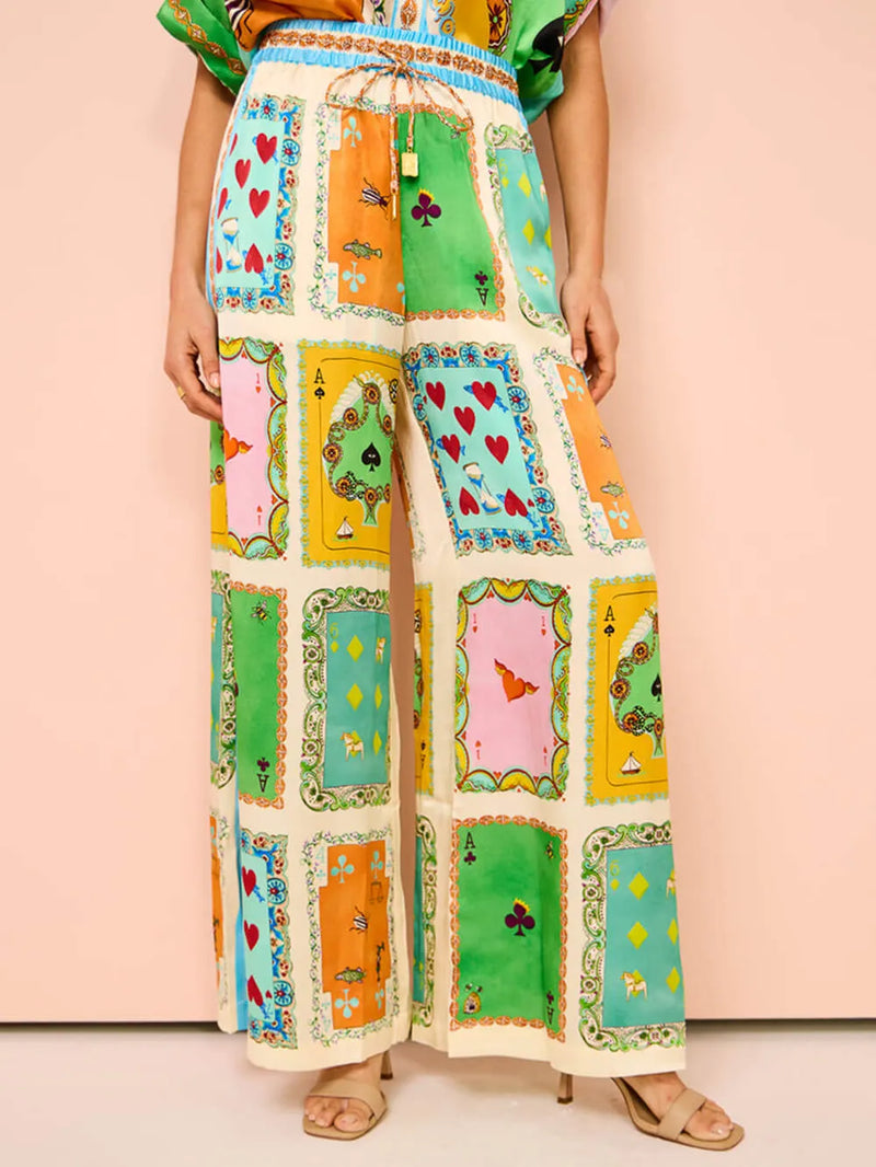 Summer Unique Funny Print Elastic Waist Pocketed Wide Leg Pants