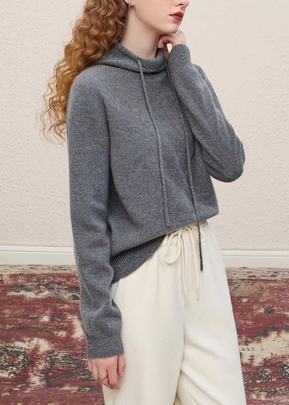 Stylish Grey Hooded Drawstring Knit Pullover Spring