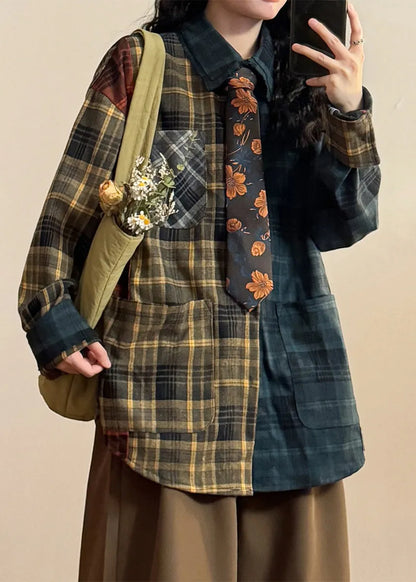 Plaid Asymmetrical Pockets Patchwork Cotton Shirt Spring