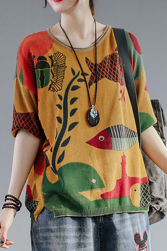 New Style Small Fish Print Sweater Loose Knit Sweater Top