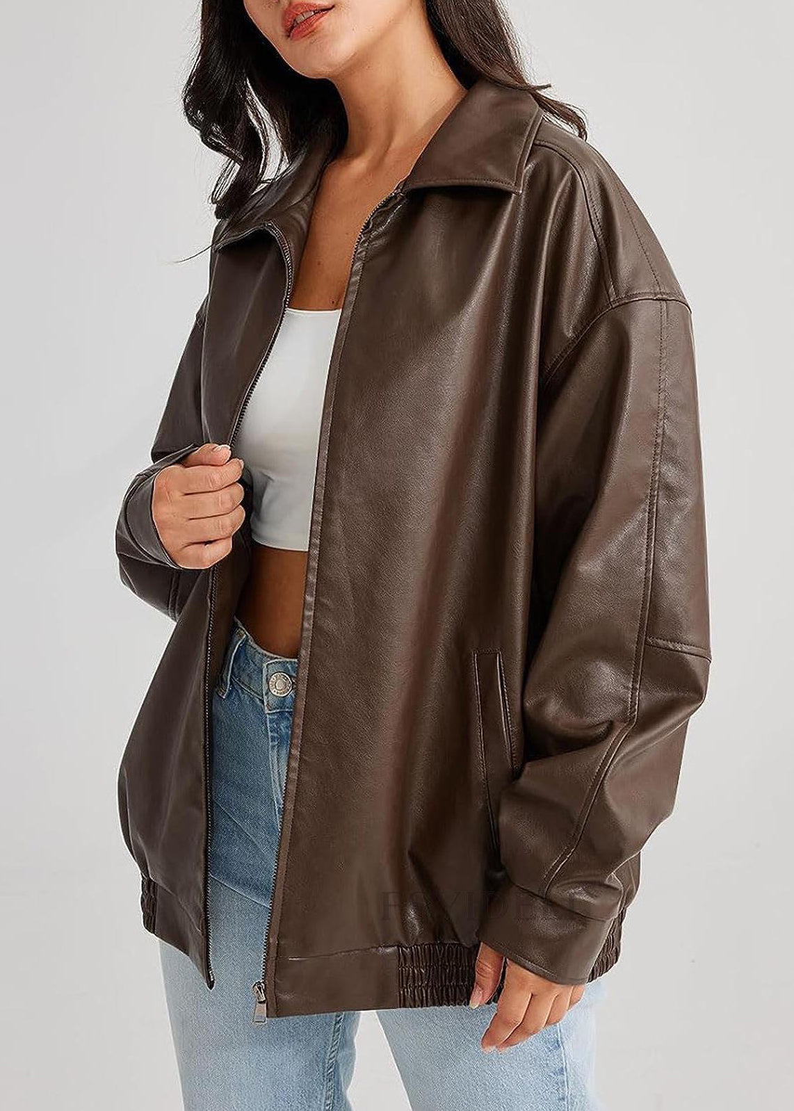 Coffee Peter Pan Collar Zippered Faux Leather Jackets Fall