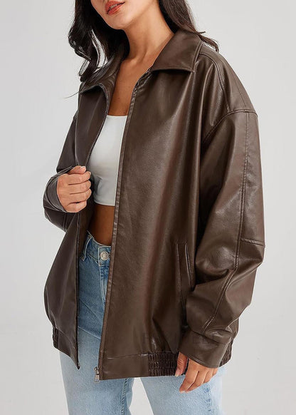 Coffee Peter Pan Collar Zippered Faux Leather Jackets Fall