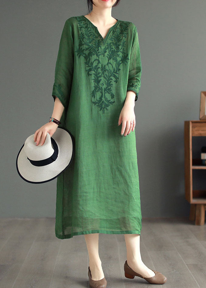 Boutique Green Embroidered Patchwork Linen Dresses Bracelet Sleeve