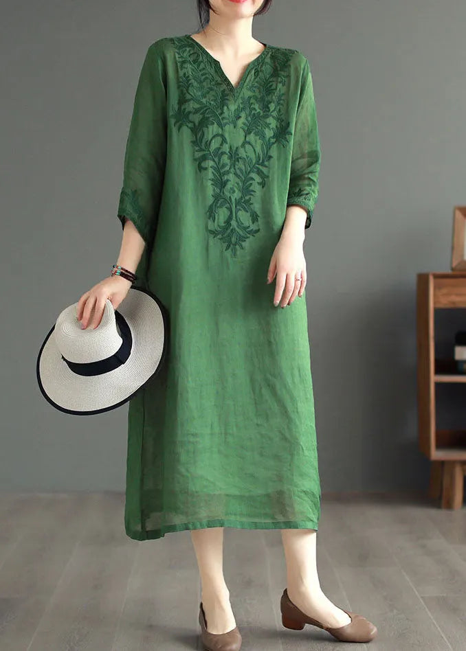 Boutique Green Embroidered Patchwork Linen Dresses Bracelet Sleeve