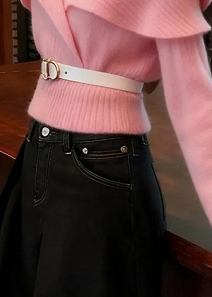 Art Pink V Neck Ruffled Knit Sweater Fall