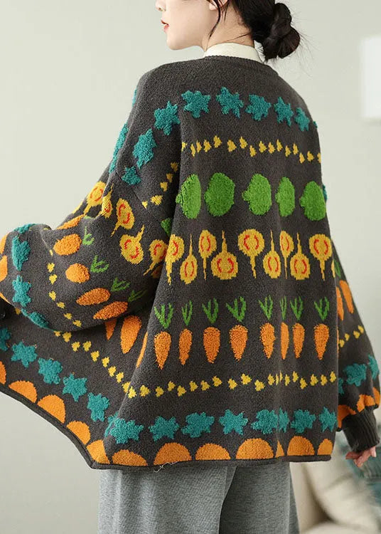 Grey O Neck Embroidered Knit Loose Coat Spring